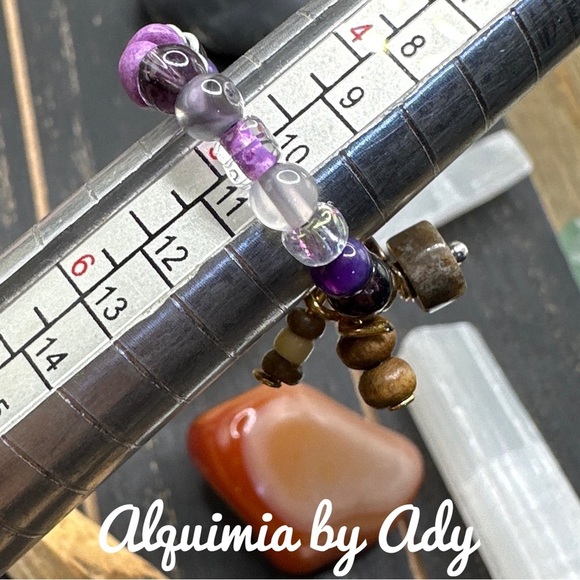 Amethyst gold charms beaded handmade statement ring gem band dainty colorful - Picture 2 of 5